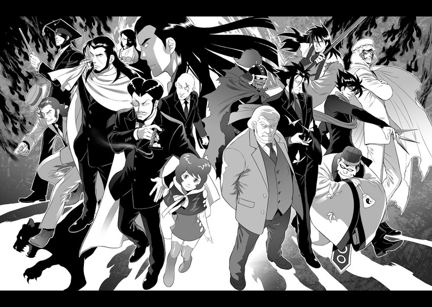 shockwave alberto, zangetsu the midday, direct descendant doki, shokatsu koumei, fabulous fitzgerald, and 10 more (giant robo) drawn by hitaki_(tempo)