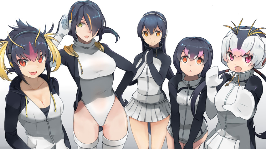 emperor penguin, humboldt penguin, royal penguin, rockhopper penguin, and gentoo penguin (kemono friends) drawn by hsin