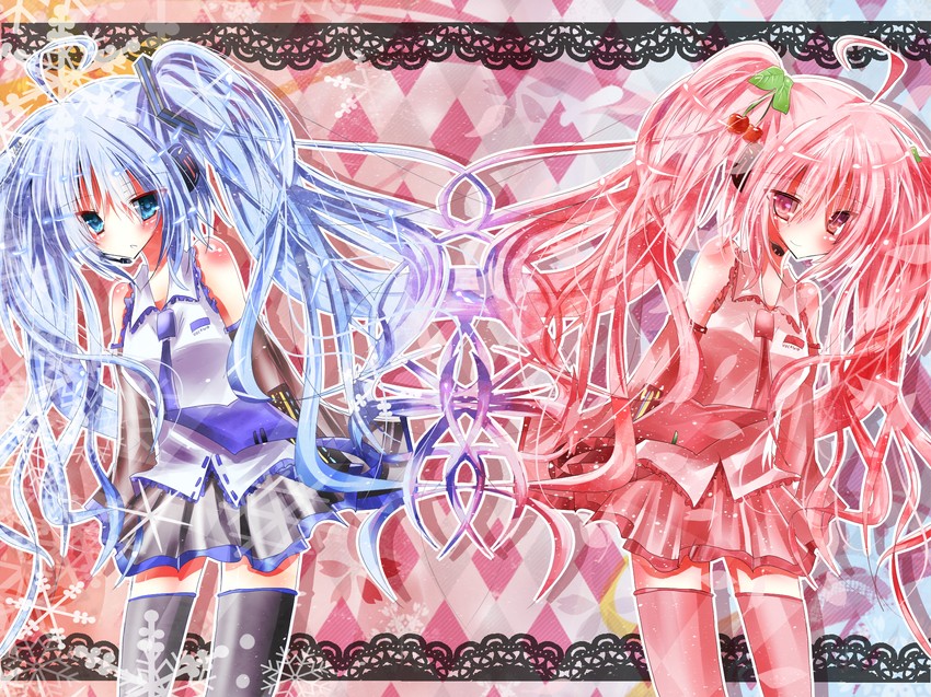 hatsune miku, yuki miku, and sakura miku (vocaloid) drawn by potten