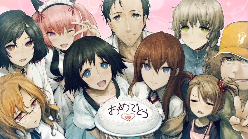 makise kurisu, okabe rintarou, shiina mayuri, amane suzuha, urushibara ruka, and 4 more (steins;gate) drawn by huke