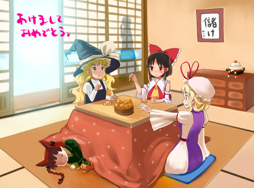 hakurei reimu, kirisame marisa, yakumo yukari, kaenbyou rin, and chen (touhou) drawn by mugishima