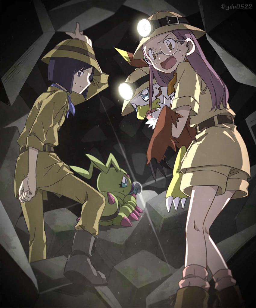 inoue miyako, ichijouji ken, wormmon, and hawkmon (digimon and 1 more) drawn by gdn0522