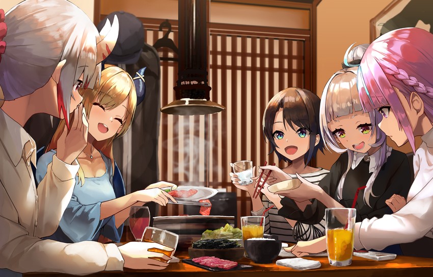 minato aqua, oozora subaru, murasaki shion, nakiri ayame, and yuzuki choco (hololive) drawn by konkito