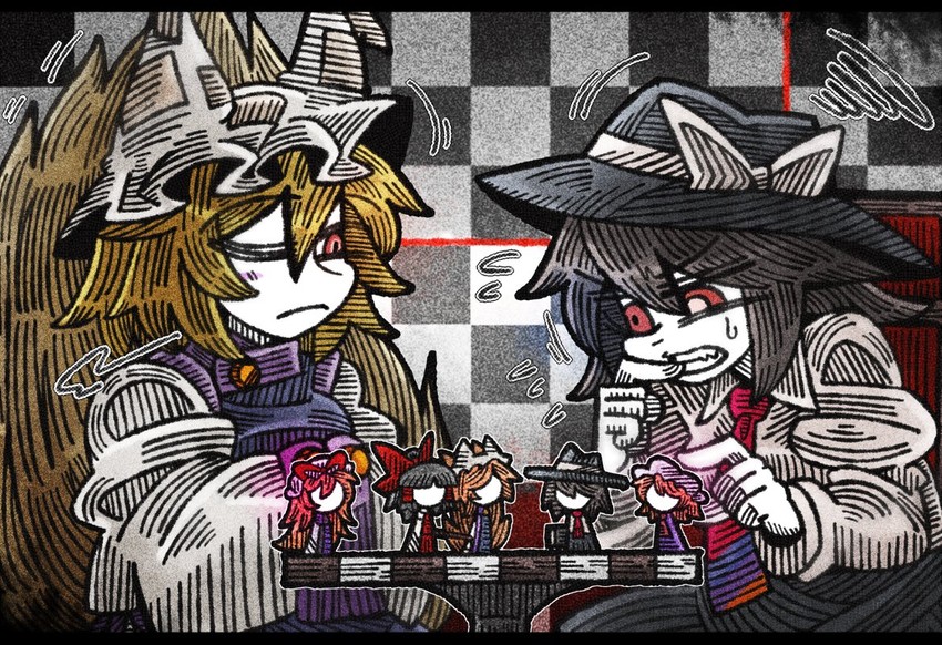 hakurei reimu, yakumo yukari, yakumo ran, usami renko, and maribel hearn (touhou) drawn by suenari_(peace)