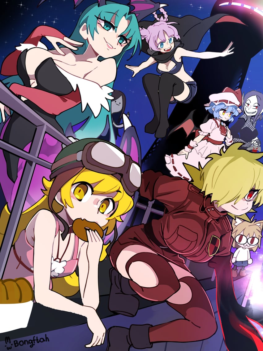 remilia scarlet, morrigan aensland, oshino shinobu, arcueid brunestud, neco-arc, and 4 more (touhou and 7 more) drawn by bongfill