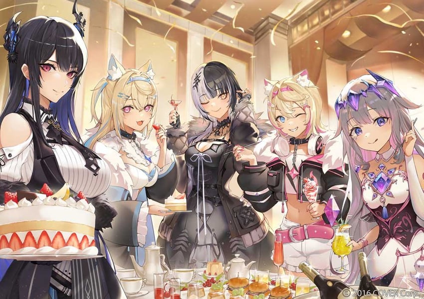 shiori novella, nerissa ravencroft, fuwawa abyssgard, mococo abyssgard, and koseki bijou (hololive and 1 more) drawn by marumoru