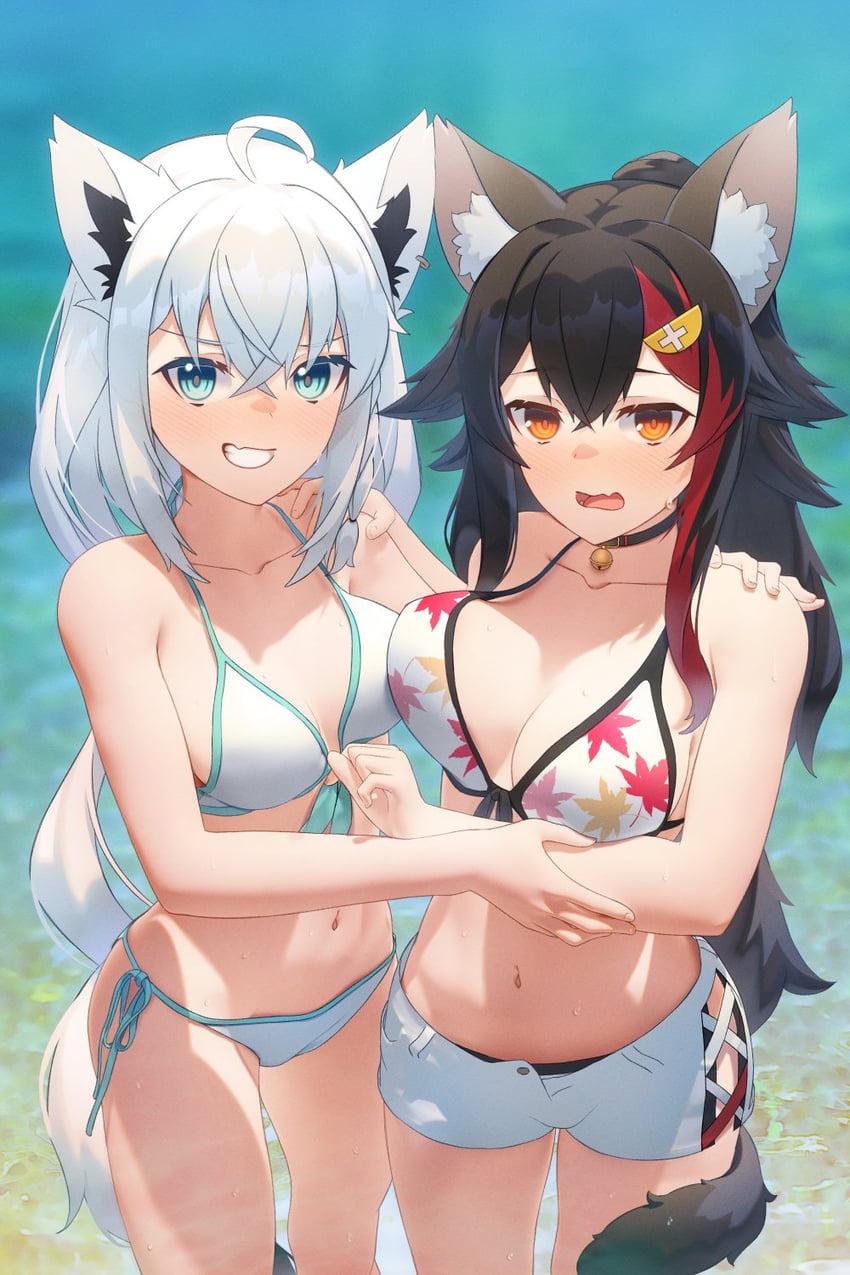 shirakami fubuki and ookami mio (hololive) drawn by shirai_yu