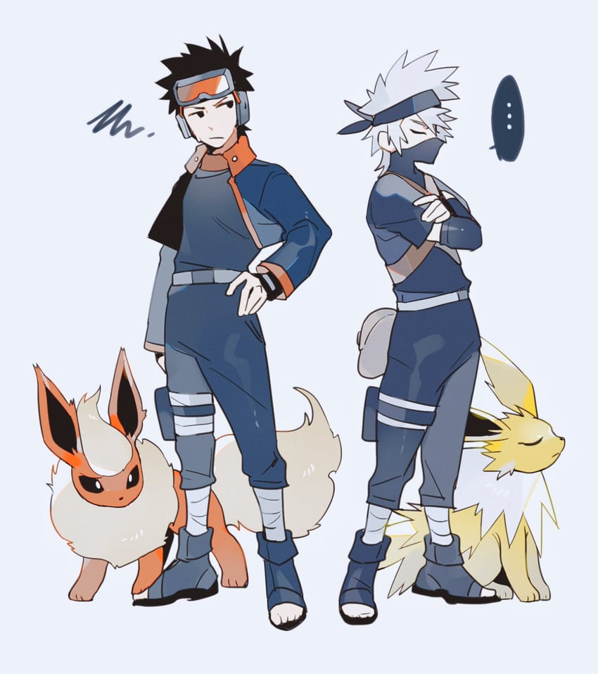 flareon, jolteon, hatake kakashi, and uchiha obito (pokemon and 2 more) drawn by tie_fei_wu_mang_dashuai