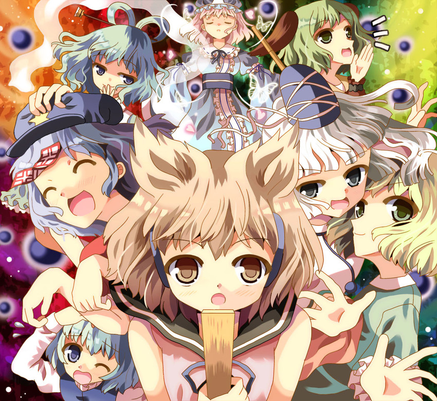 saigyouji yuyuko, tatara kogasa, toyosatomimi no miko, mononobe no futo, kaku seiga, and 3 more (touhou and 1 more) drawn by hazakura_satsuki
