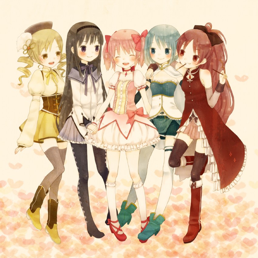 akemi homura, kaname madoka, miki sayaka, sakura kyoko, and tomoe mami (mahou shoujo madoka magica) drawn by mizutamako