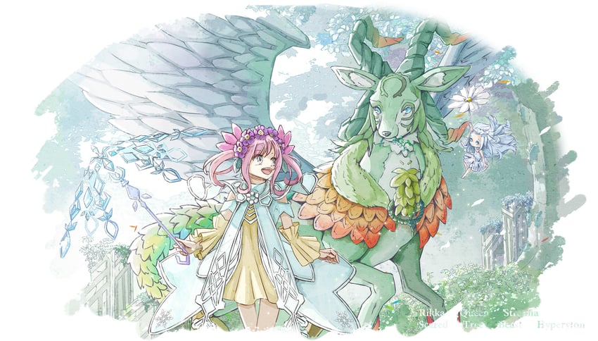 rikka queen strenna, rikka petal, and sacred tree beast hyperyton (yu-gi-oh!) drawn by tamago_(xyxk3743)