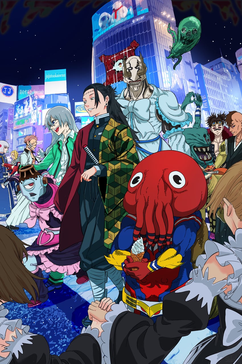 rem, ram, getou suguru, ryoumen sukuna, usopp, and 18 more (precure and 9 more) drawn by tokishima_sikuka