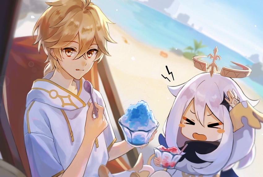 aether and paimon (genshin impact) drawn by pamu_(pamu_oekk)