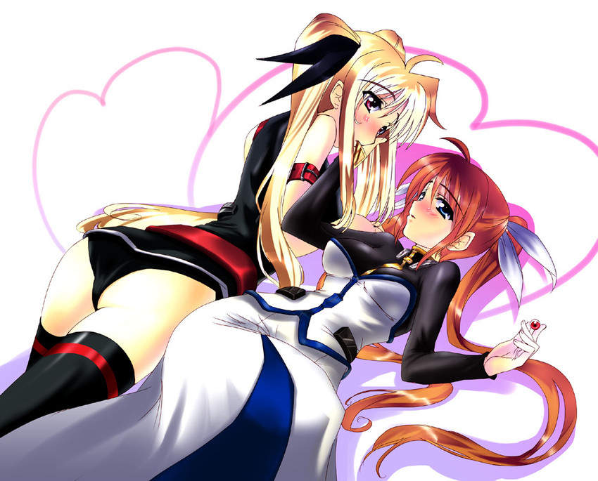 fate testarossa, takamachi nanoha, raising heart, and bardiche (lyrical nanoha and 1 more) drawn by iga_tamaki