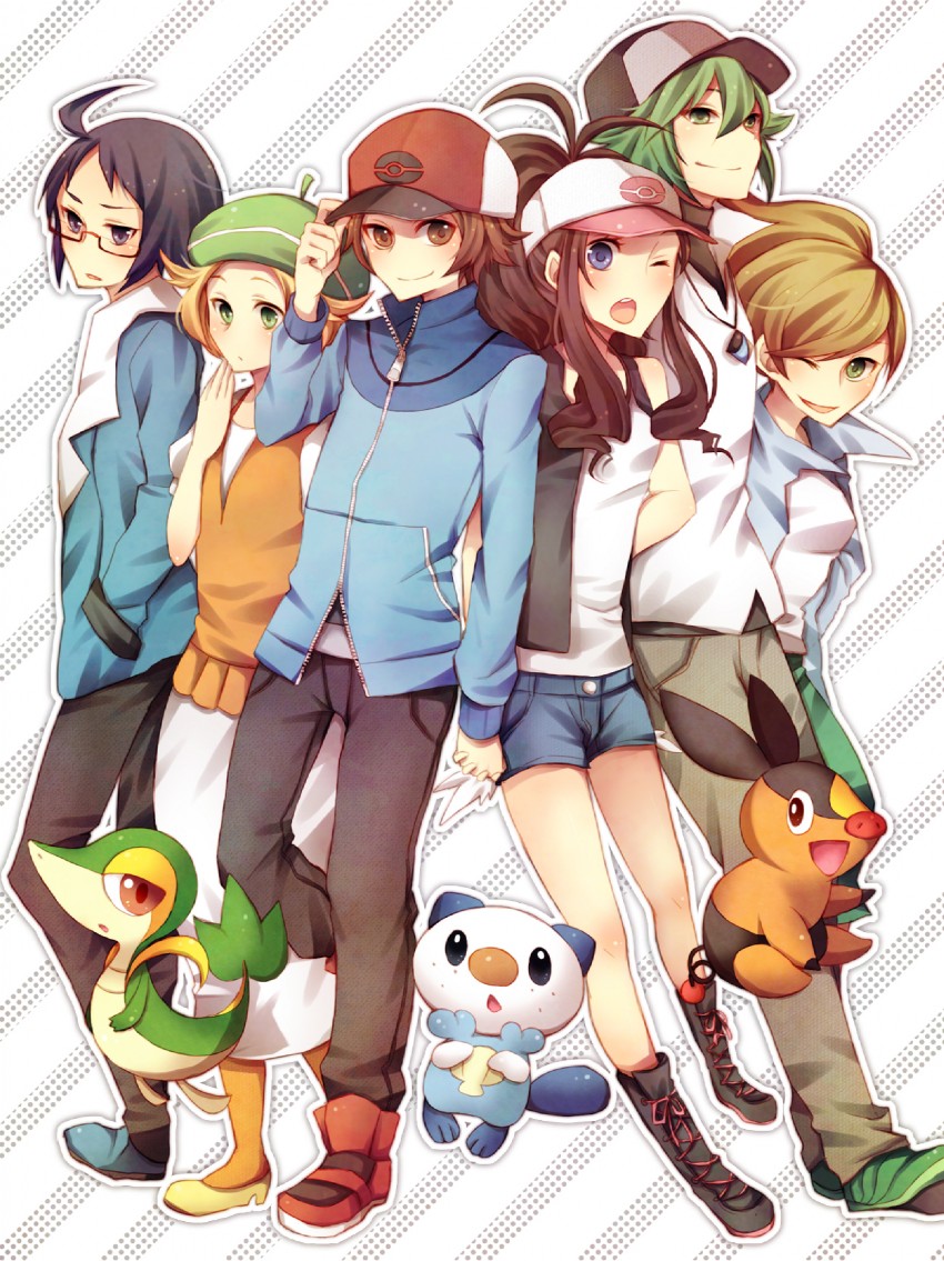 hilda, hilbert, n, oshawott, snivy, and 4 more (pokemon and 1 more) drawn by chizu_(fiute)
