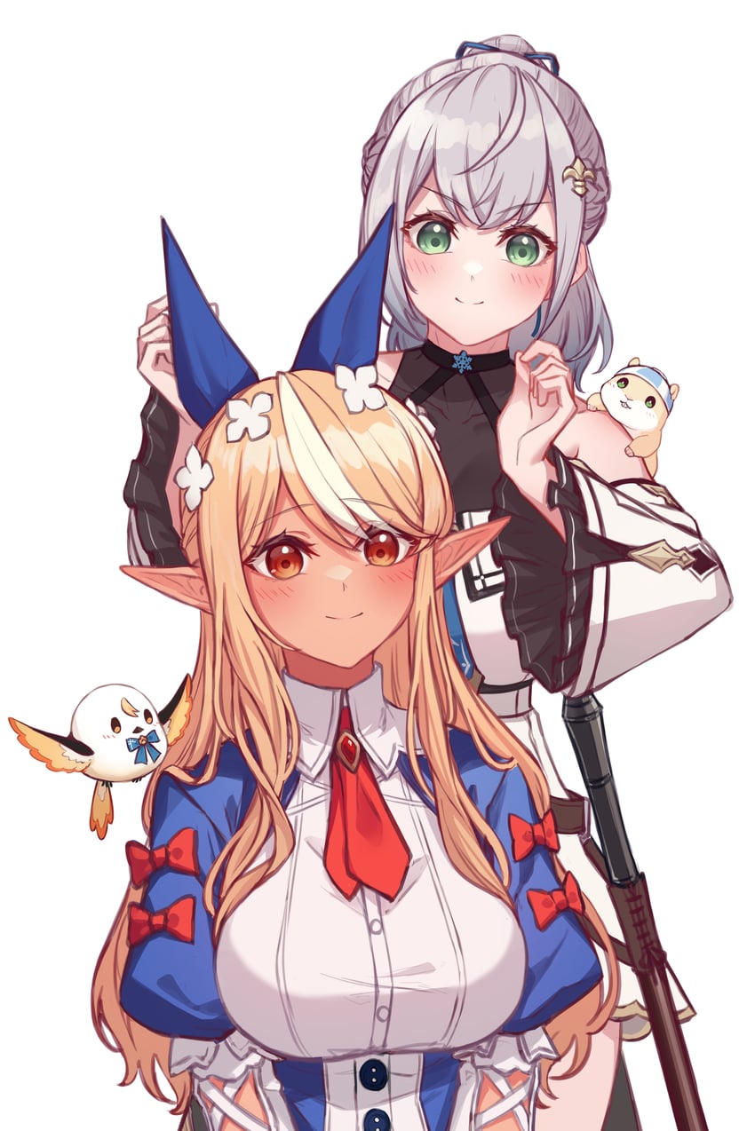 shirogane noel, shiranui flare, elfriend, and dan'in-san (hololive) drawn by tang-du