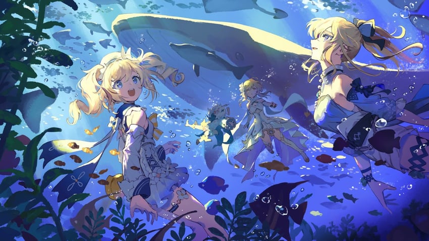 lumine, paimon, barbara, and jean (genshin impact) drawn by suzuki_iori
