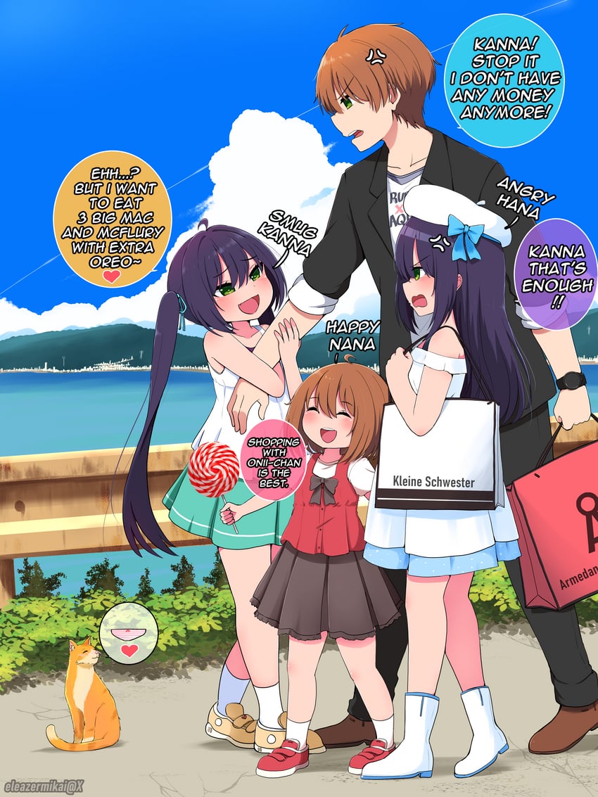 onii-chan, nana, kanna, and hana (original) drawn by eleazarmikai