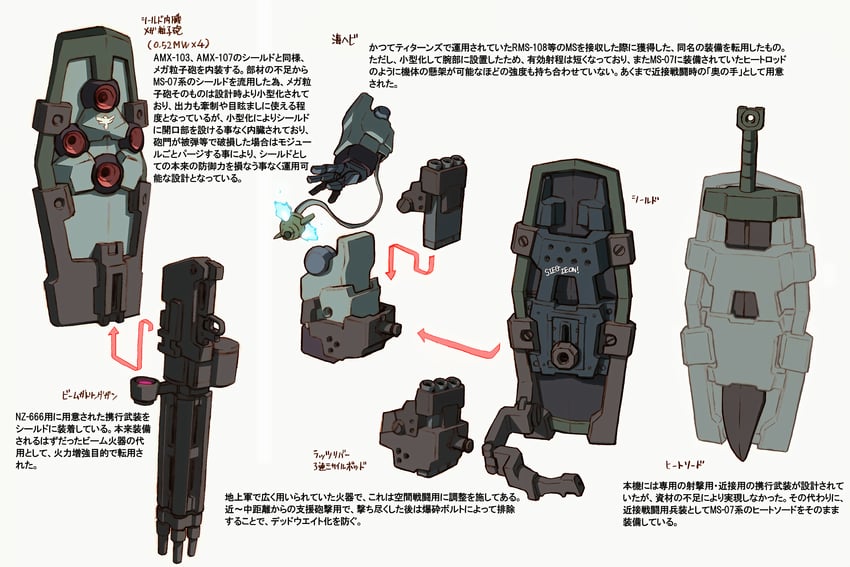 gouf, gouf custom, and gouf flight type (original and 3 more) drawn by tessaku_ro