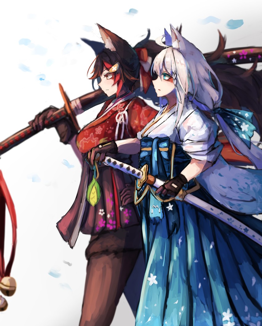 shirakami fubuki and ookami mio (hololive) drawn by inre_kemomimi