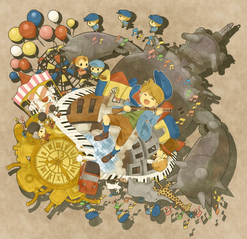hershel layton, luke triton, future luke, flora reinhold, and claire (professor layton and 1 more) drawn by gyoniku21