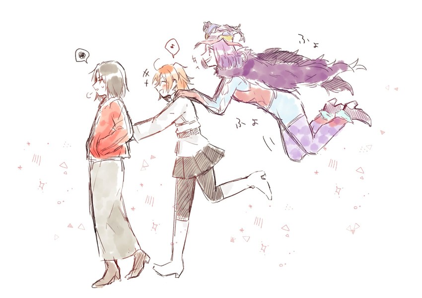fujimaru ritsuka, ryougi shiki, and mephistopheles (fate and 2 more) drawn by hoi_teppie