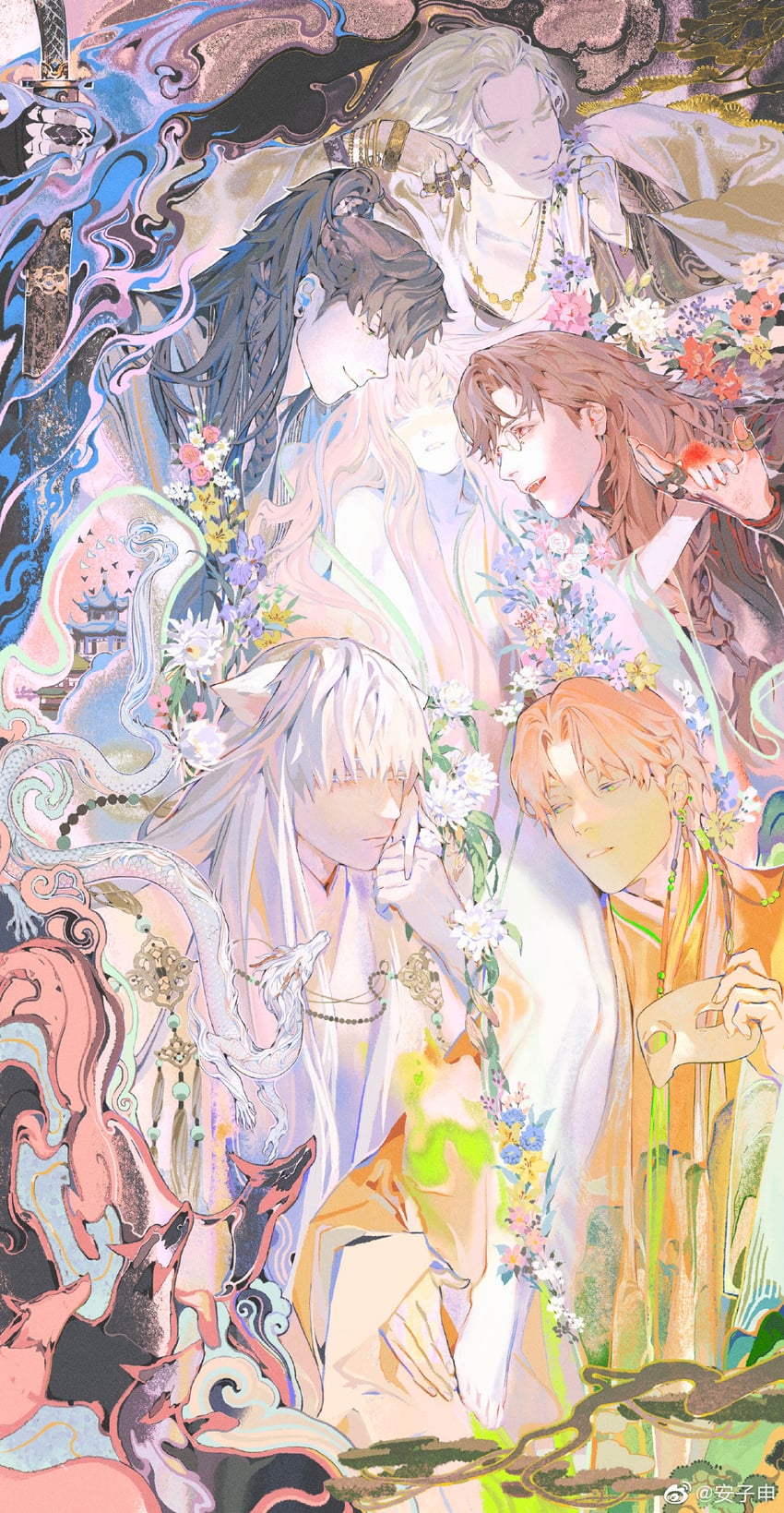 charlie su, qi sili, xiao yi, lu chen, and xia mingxing (light and night love) drawn by anzishen