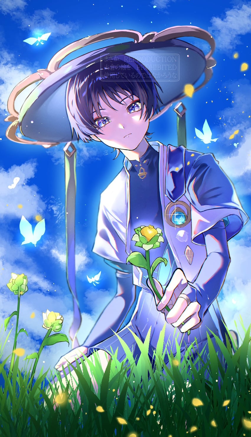 scaramouche, wanderer, and crystalfly (genshin impact) drawn by nero_hanken