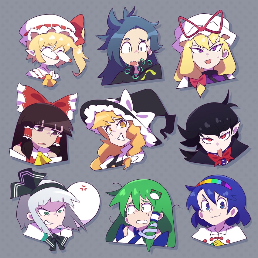 hakurei reimu, kirisame marisa, flandre scarlet, kochiya sanae, konpaku youmu, and 4 more (touhou) drawn by maletoh