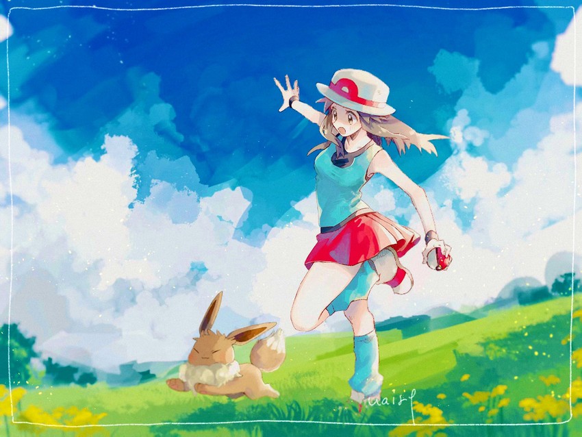 eevee and leaf (pokemon and 1 more) drawn by hanenbo
