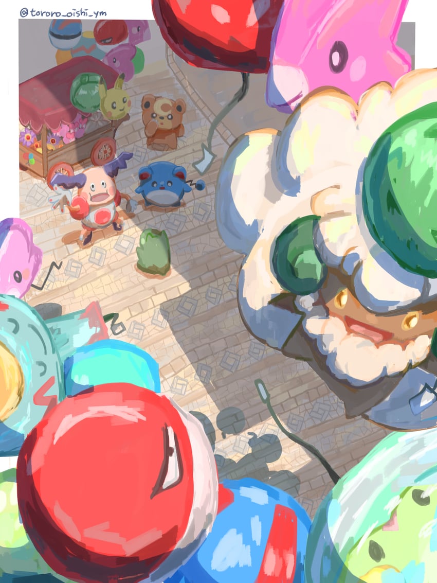pikachu, marill, whimsicott, luvdisc, teddiursa, and 3 more (pokemon) drawn by tororo_oishi_ym