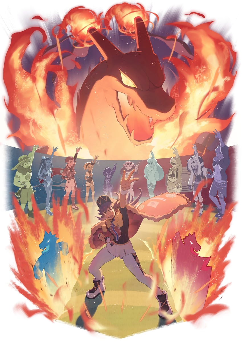 leon, raihan, nessa, bea, charizard, and 8 more (pokemon and 1 more) drawn by odd_(hin_yari)