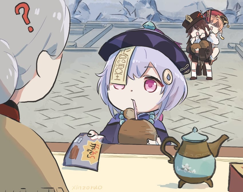 hu tao, qiqi, yanfei, and madame ping (genshin impact) drawn by xinzoruo