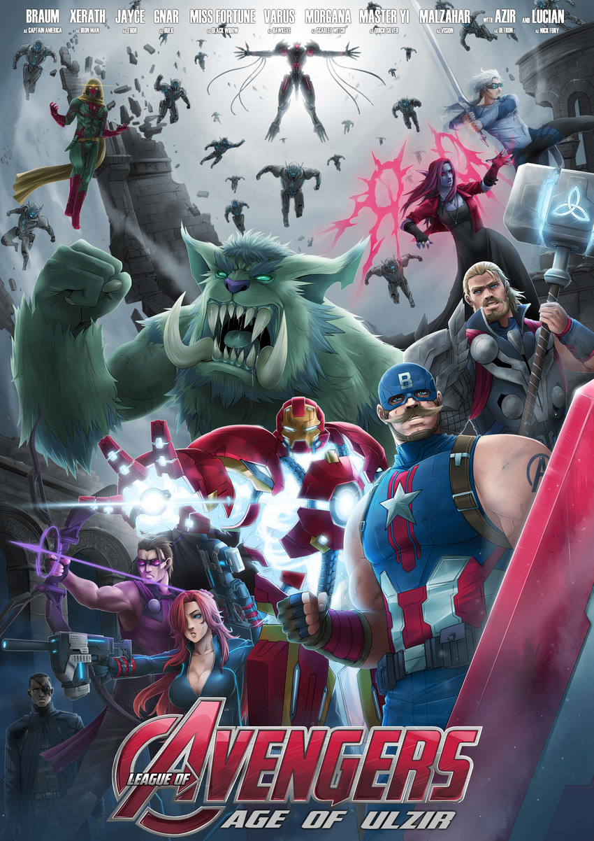 captain america, iron man, miss fortune, thor, morgana, and 17 more (league of legends and 4 more) drawn by exaxuxer