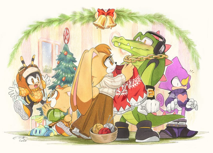 cream the rabbit, neutral chao, cheese, vanilla the rabbit, espio the chameleon, and 2 more (sonic) drawn by finik
