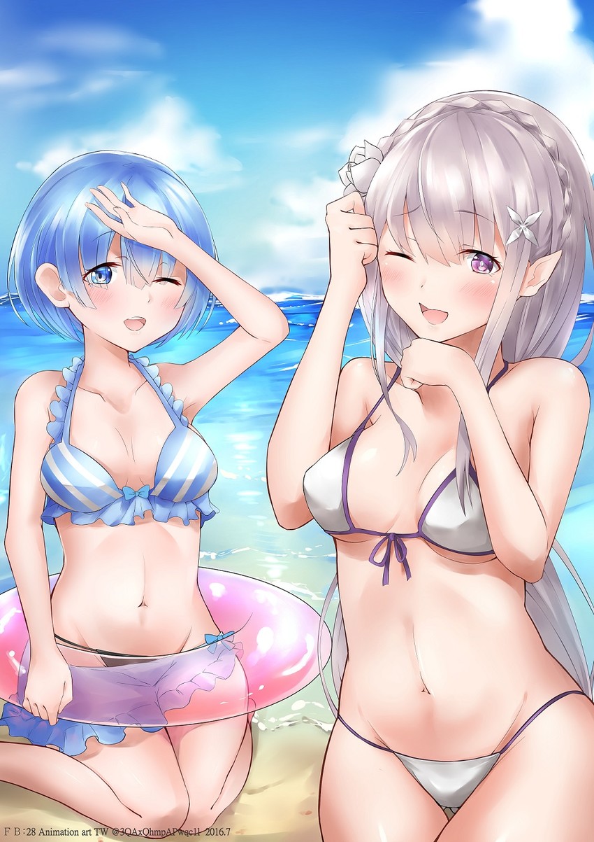 rem and emilia (re:zero kara hajimeru isekai seikatsu) drawn by 28aarts