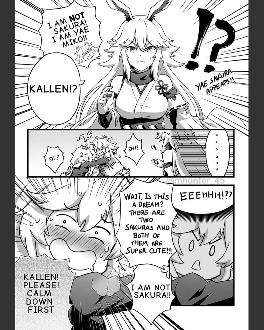 yae miko, yae sakura, kallen kaslana, and sakura ayane (genshin impact and 3 more) drawn by mhunter_45