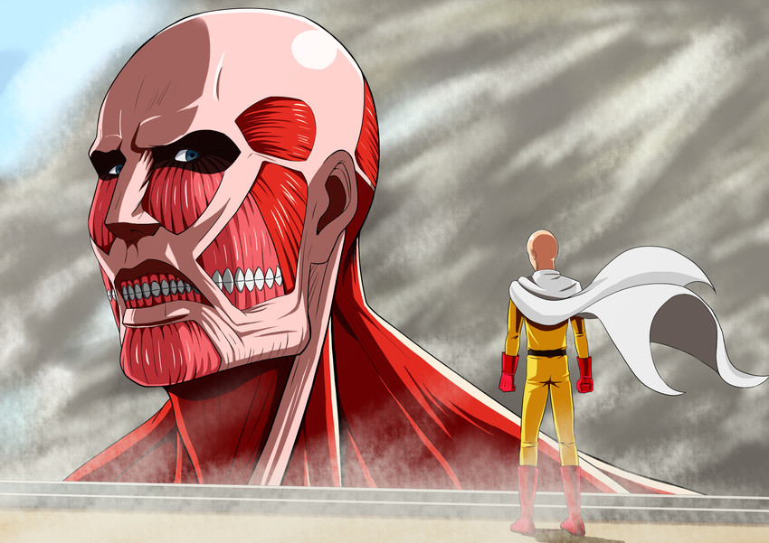 saitama, titan, and colossal titan (shingeki no kyojin and 1 more) drawn by taka_(takahirokun)