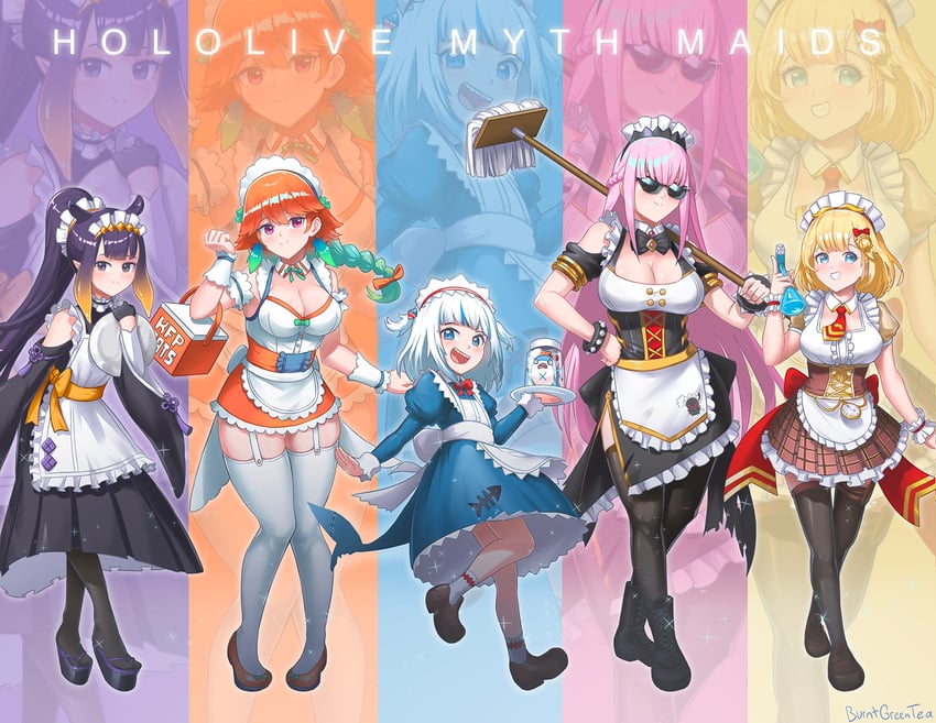 gawr gura, mori calliope, ninomae ina'nis, takanashi kiara, watson amelia, and 1 more (hololive and 1 more) drawn by burnt_green_tea