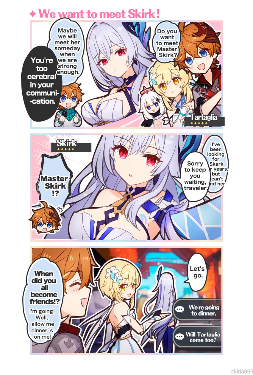 lumine, paimon, tartaglia, and skirk (genshin impact) drawn by akitsuki_ria