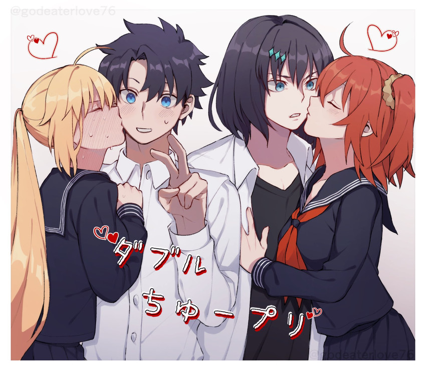 artoria pendragon, fujimaru ritsuka, artoria caster, and oberon (fate and 1 more) drawn by godeaterlove76