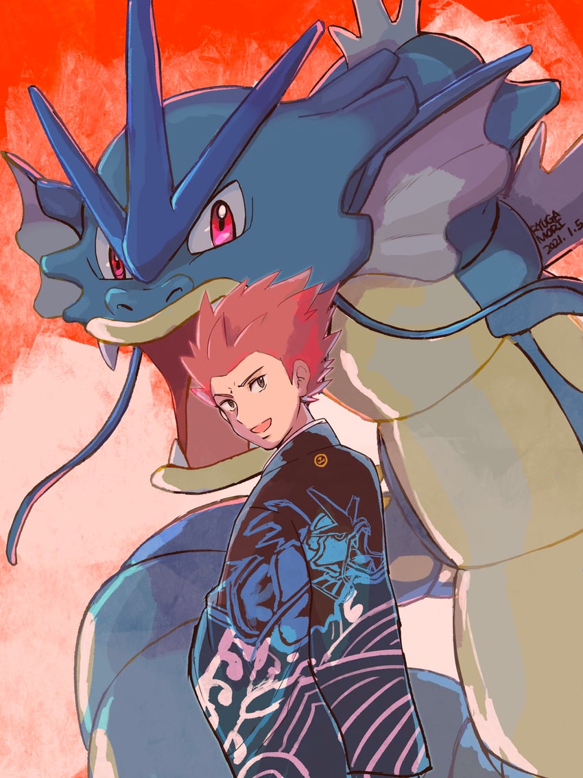 gyarados and lance (pokemon and 1 more) drawn by ryu_gamori