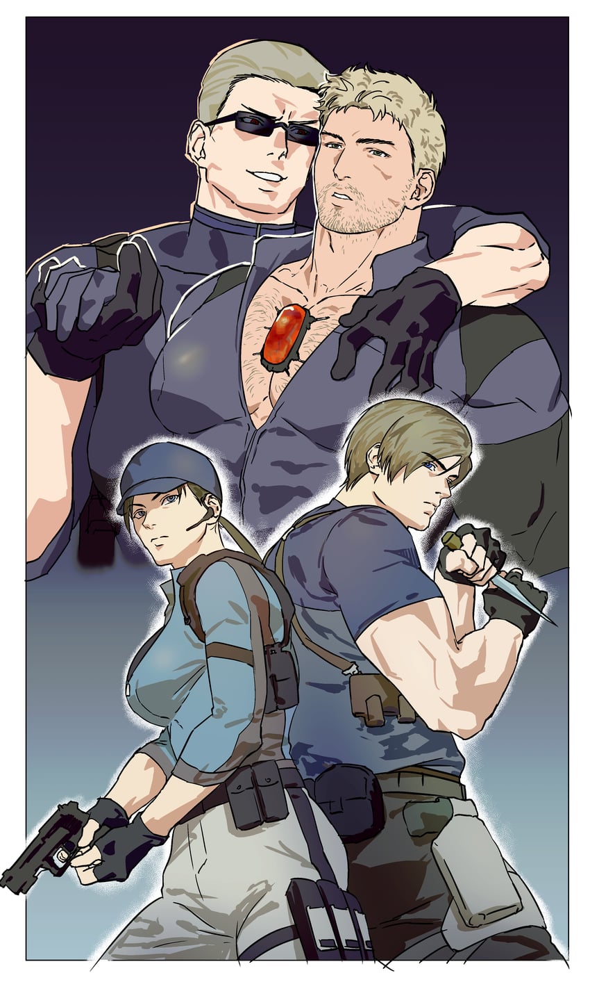 leon s. kennedy, jill valentine, chris redfield, and albert wesker (resident evil and 2 more) drawn by 123456dyom