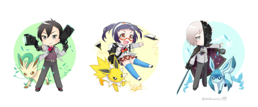 glaceon, leafeon, jolteon, male protagonist, morita naruko, and 1 more (pokemon and 1 more) drawn by do_m_kaeru