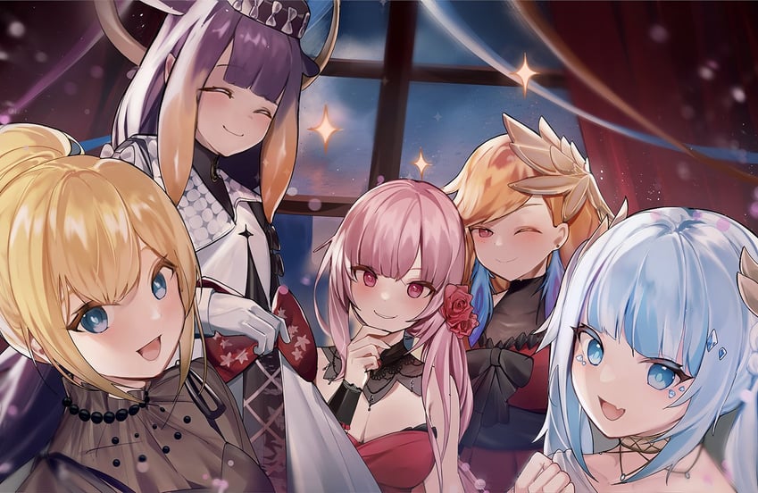 gawr gura, mori calliope, ninomae ina'nis, takanashi kiara, and watson amelia (hololive and 1 more) drawn by xoaiu
