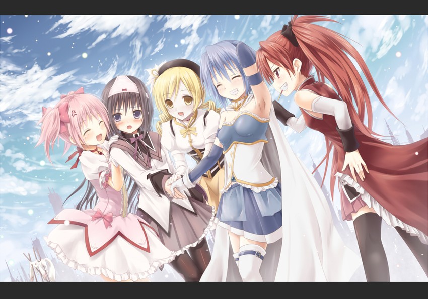 akemi homura, kaname madoka, miki sayaka, sakura kyoko, tomoe mami, and 1 more (mahou shoujo madoka magica) drawn by akkijin