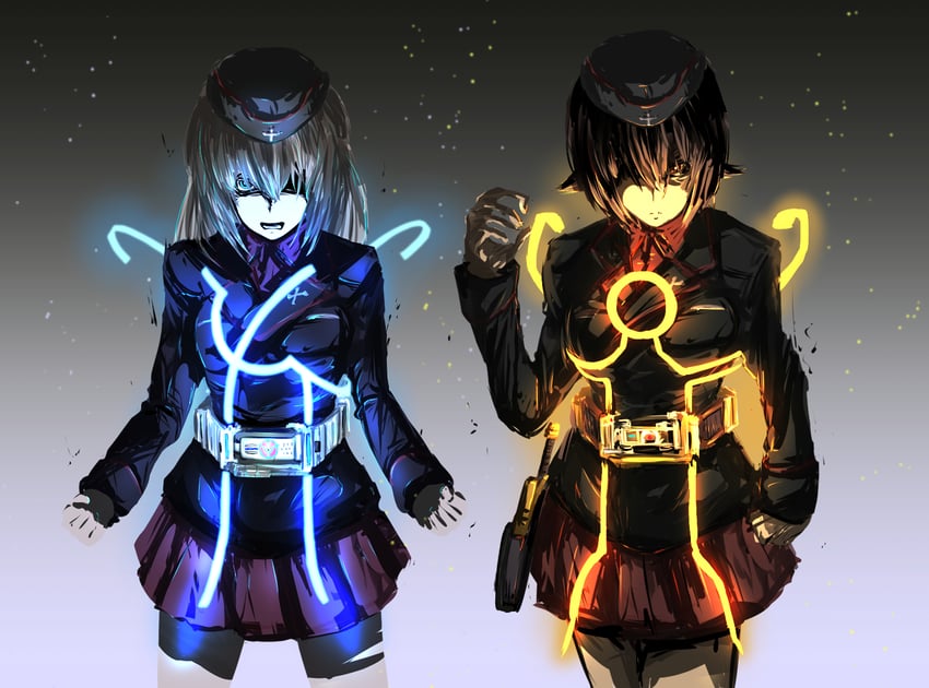 nishizumi maho, itsumi erika, kamen rider psyga, kamen rider orga, and orga driver (girls und panzer and 3 more) drawn by kabutowari