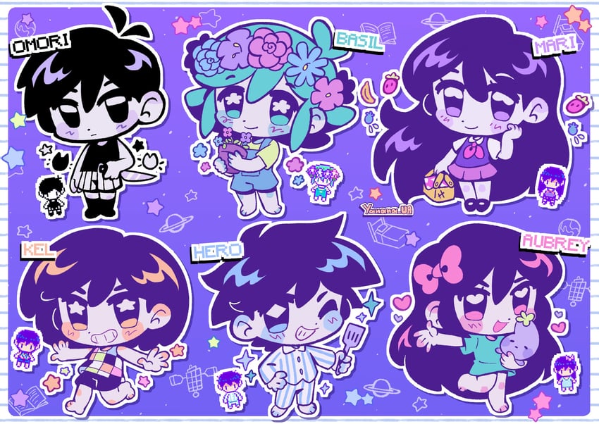 omori, basil, aubrey, mari, kel, and 2 more (omori) drawn by yanana_ua