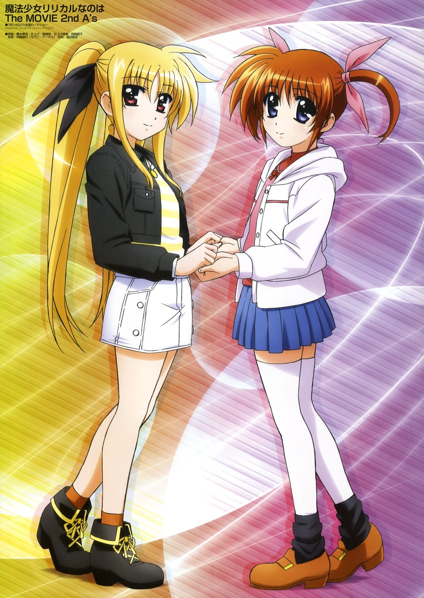 fate testarossa and takamachi nanoha (lyrical nanoha and 4 more) drawn by hashimoto_takayoshi and okuda_yasuhiro