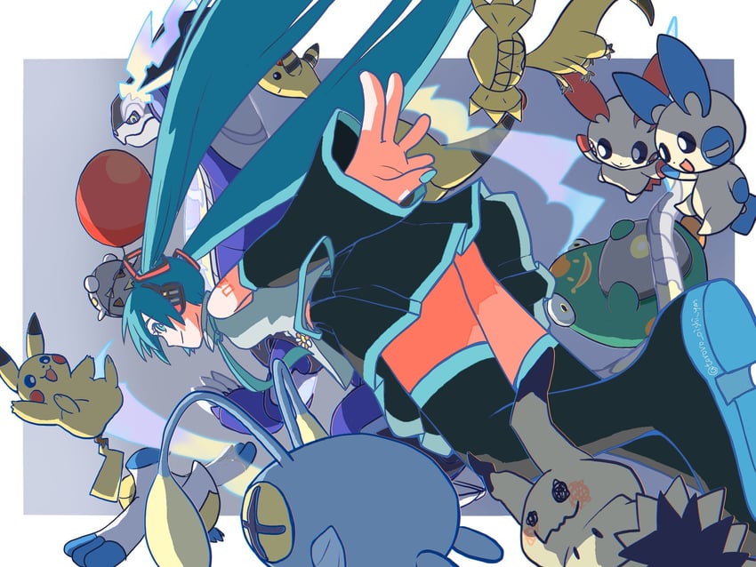 hatsune miku, pikachu, mimikyu, ampharos, minun, and 7 more (pokemon and 2 more) drawn by tororo_oishi_ym